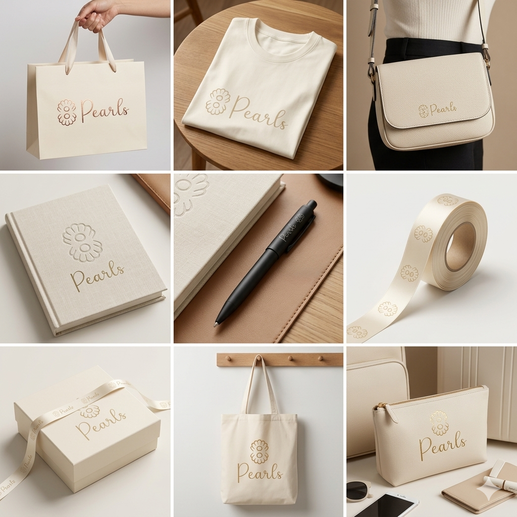 8 Pearls applications — bag, apparel, accessories, stationery, packaging, ribbon, tote, pouch