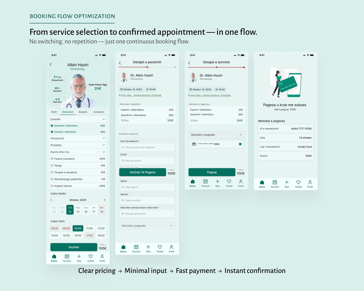 Shëndeti Im — booking flow optimization, from service selection to confirmed appointment